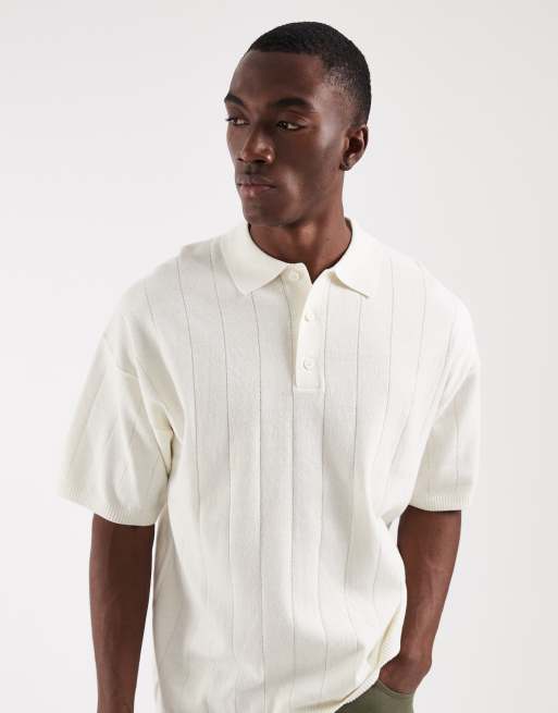 JJ Rebel rib knit polo shirt in off white | ASOS