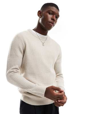 ribbed crew neck sweater in beige-Neutral