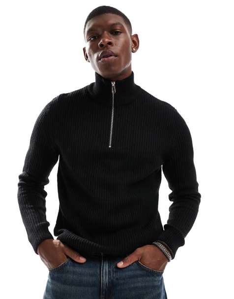 JJ Rebel ribbed half zip knit in black - view 1