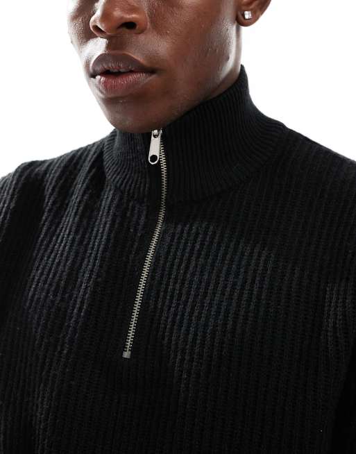 JJ Rebel ribbed half zip knit in black, 3 of 4