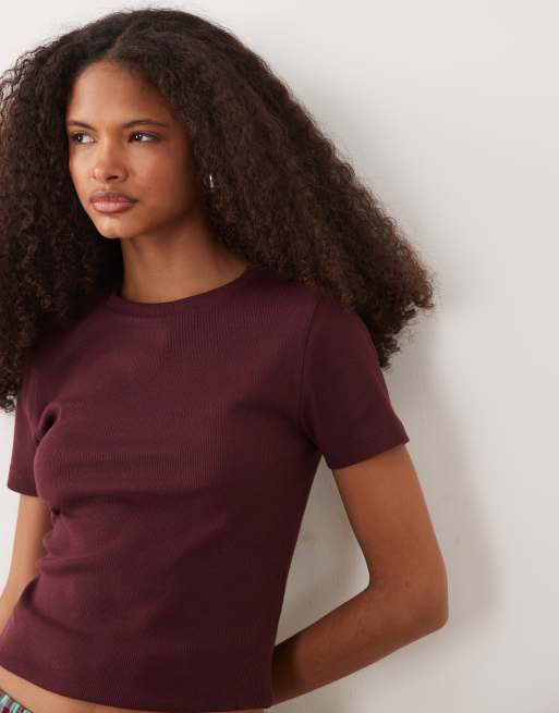 JJ Rebel ribbed short sleeved t-shirt in burgundy, 3 of 4