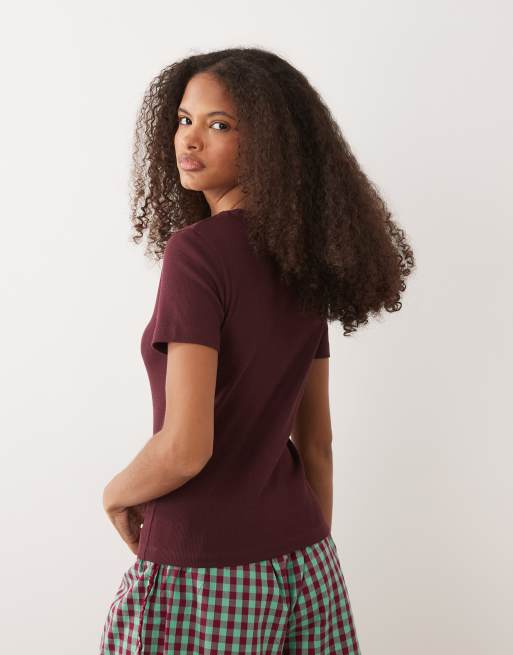 JJ Rebel ribbed short sleeved t-shirt in burgundy, 4 of 4