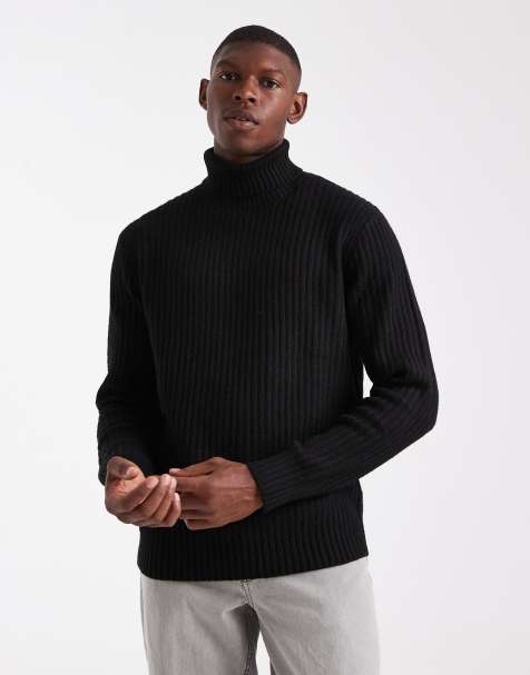 JJ Rebel roll neck cable knit jumper in black