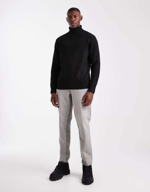 JJ Rebel roll neck cable knit jumper in black, 2 of 5