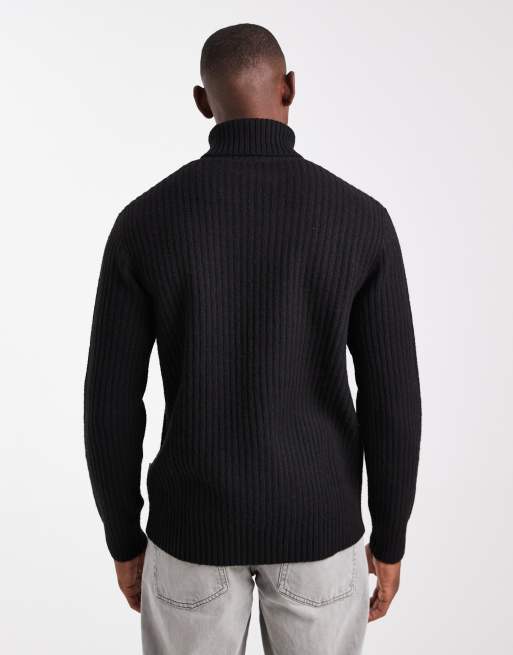 JJ Rebel roll neck cable knit jumper in black, 3 of 5