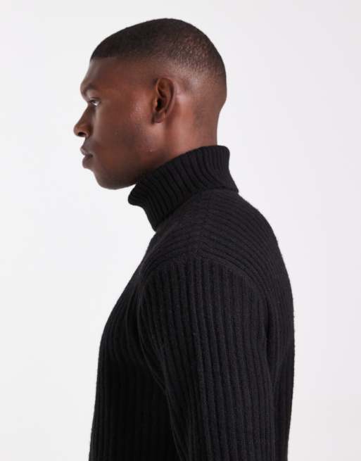 JJ Rebel roll neck cable knit jumper in black, 4 of 5