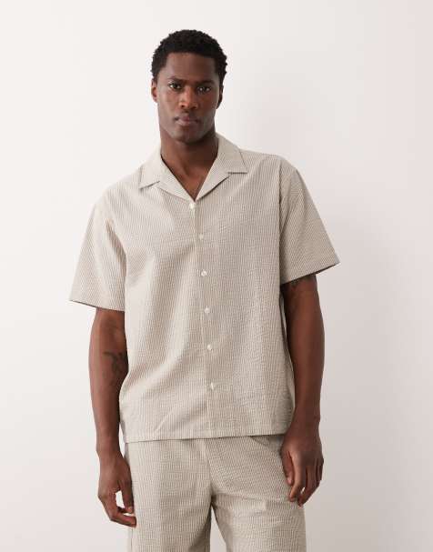 JJ Rebel - Seersucker overhemd met strepen in beige, deel van co-ord set - view 1