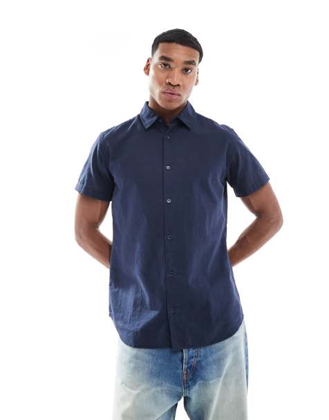 JJ Rebel short sleeve linen blend shirt in navy - view 1