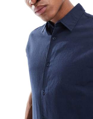 Jj Rebel Short Sleeve Linen Blend Shirt In Navy
