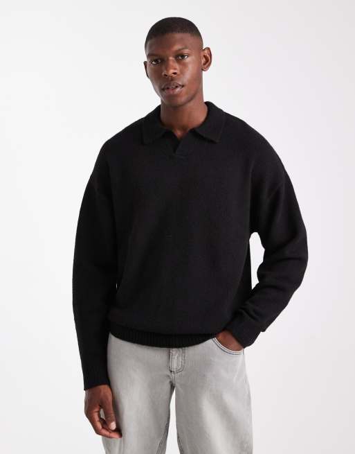 JJ Rebel split neck fluffy jumper in black