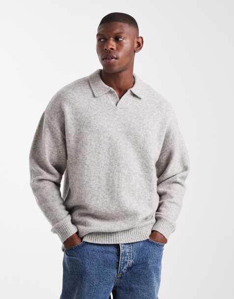 JJ Rebel relaxed fit split neck fluffy jumper in light grey
