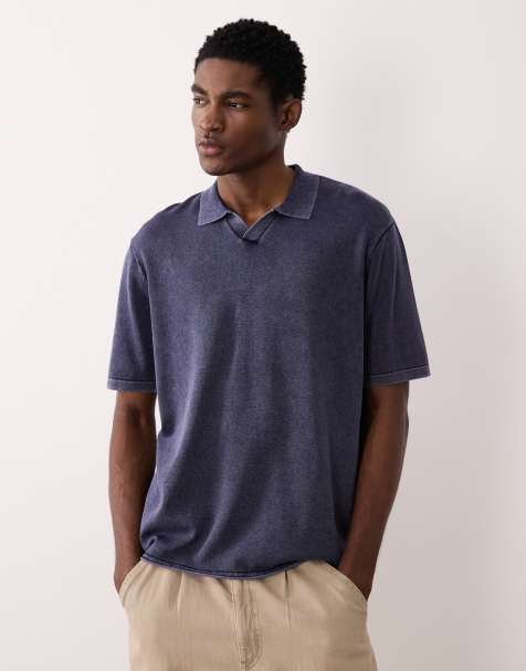 JJ Rebel split neck polo in washed navy - view 1