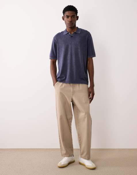 JJ Rebel split neck polo shirt in washed navy | ASOS