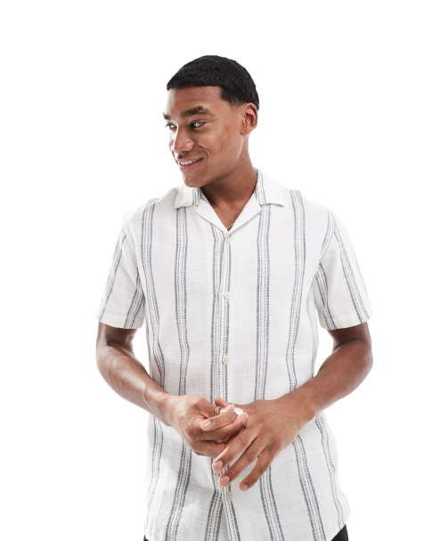 JJ Rebel revere collar textured short sleeve shirt in white stripe
