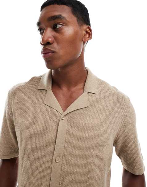 JJ Rebel revere collar knitted texture shirt in cream 