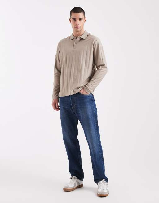JJ Rebel textured long sleeve polo in beige, 2 of 5