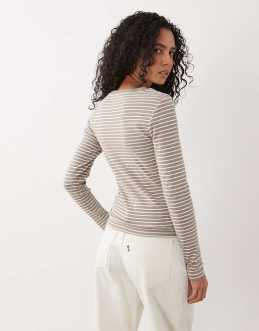 JJ Rebel top à manches longues à rayures beige et blanc, 3 de 4