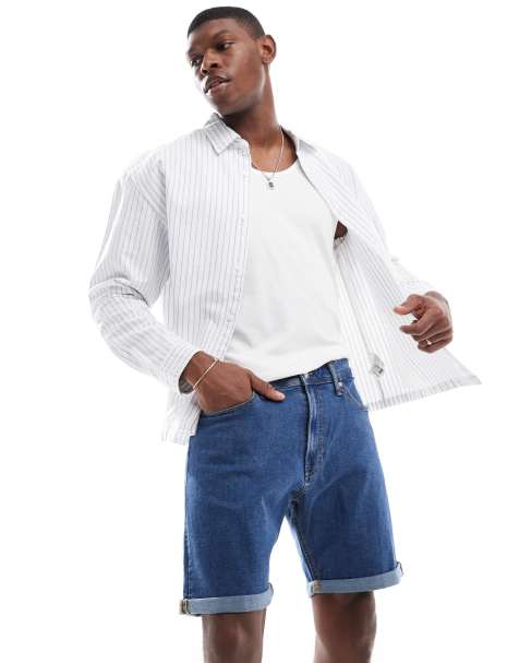 JJ Rebel turn up denim short in mid blue denim - view 1