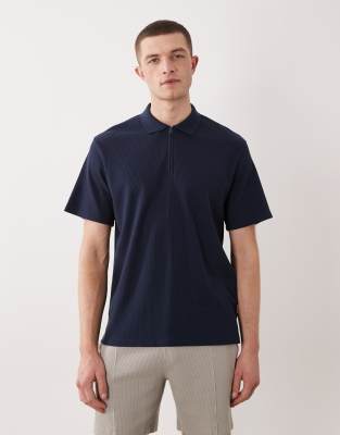 Jj Rebel Waffle Knit Quarter Zip Polo Shirt In Blue