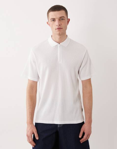 JJ Rebel waffle knit quarter zip polo shirt in white - view 1