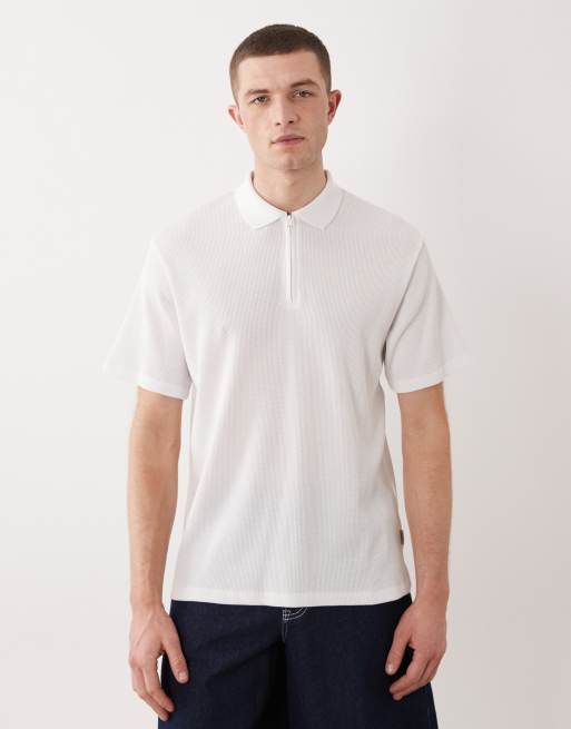 JJ Rebel waffle knit quarter zip polo shirt in white | ASOS