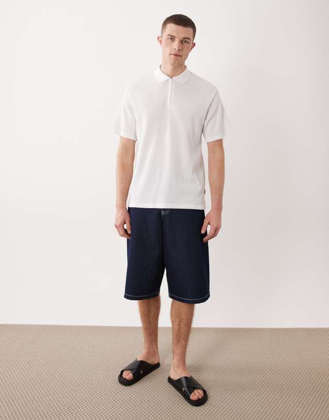 JJ Rebel waffle knit quarter zip polo shirt in white | ASOS
