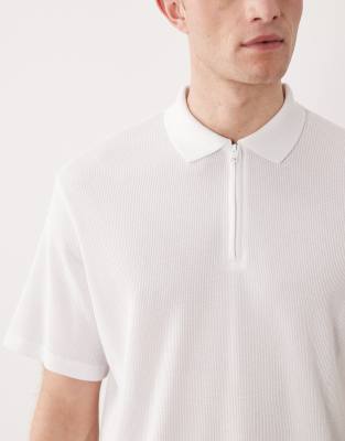 JJ Rebel waffle knit quarter zip polo shirt in white | ASOS
