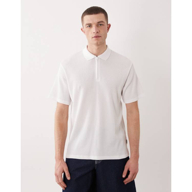 JJ Rebel waffle zip polo in white | ASOS