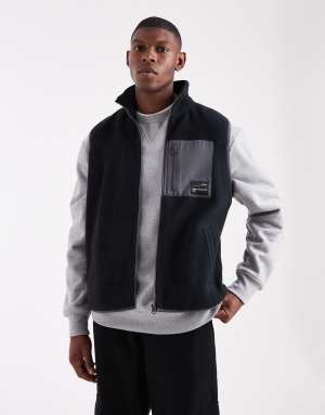 JJ Rebel zip borg fleece vest in black