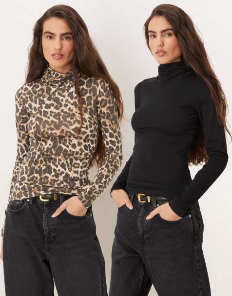 JJXX 2 pack long sleeve high neck top in black & leopard