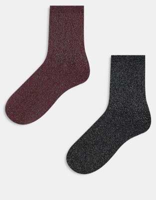 JJXX - 2er-Pack Glitzer-Socken in Burgunderrot und anderer Farbe-Schwarz