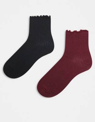 JJXX - 2er-Pack Socken in Burgunderrot-Mix mit Rüschen-Schwarz
