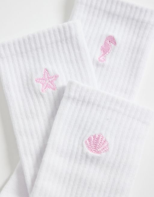 JJXX 3 pack ankle socks with beach embroidery in white and pink, 2 of 3