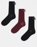 [JJXX] JJXX 3 pack bow socks in burgundy mix-Red One Size Black