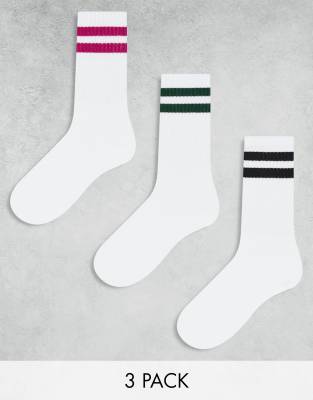 3 pack sport socks in white with black pink green stripe-Multi