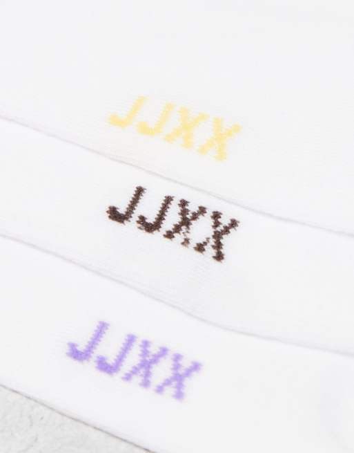 JJXX 3 pack sport socks in white with purple yellow stripes, 2 of 3