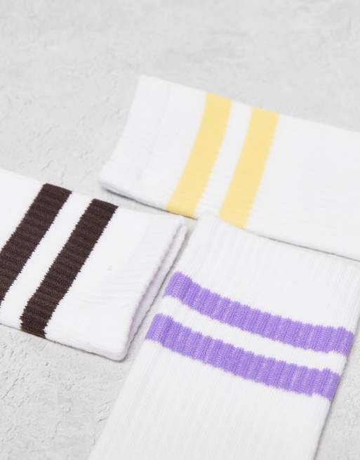 JJXX 3 pack sport socks in white with purple yellow stripes, 3 of 3
