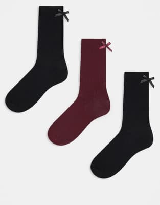 JJXX - 3er-Pack Socken in Burgunderrot-Mix mit Schleifendetail