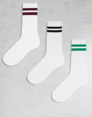 JJXX - 3er-Pack Sportsocken in Weiß mit schwarzen, burgunderroten und grünen Streifen-Bunt