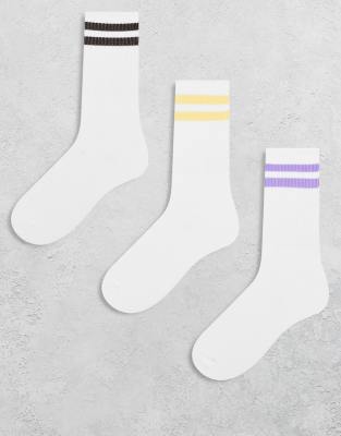 JJXX - 3er-Pack Sportsocken in Weiß mit Streifen in Lila und Gelb