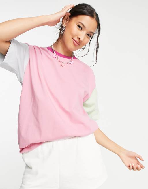 JJXX – Andrea – Pastelowy T-shirt oversize we wzór z blokami kolorów