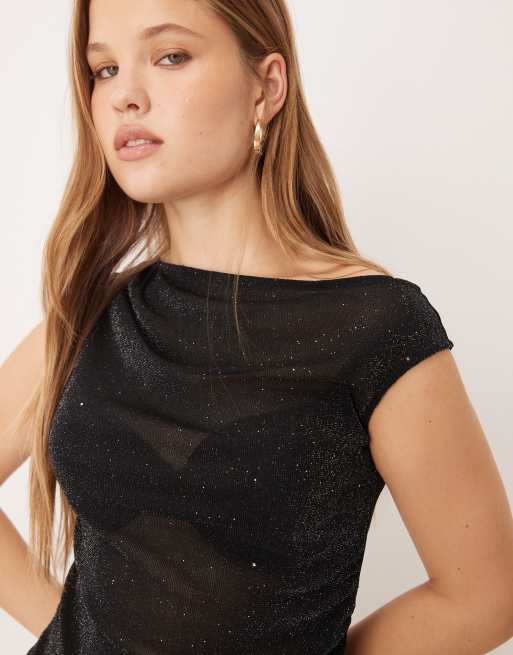 sahara　Glitter Sheer Top WDIRARA Women's Sheer See Through Short Sleeve Mesh Top Tee