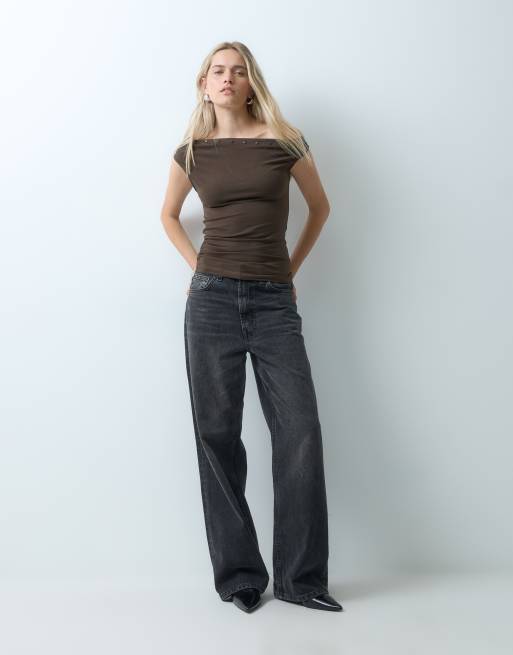 JJXX asymmetric shoulder top in chocolate brown, 3 of 4