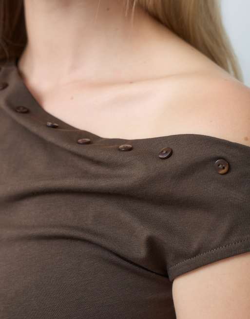 JJXX asymmetric shoulder top in chocolate brown, 4 of 4