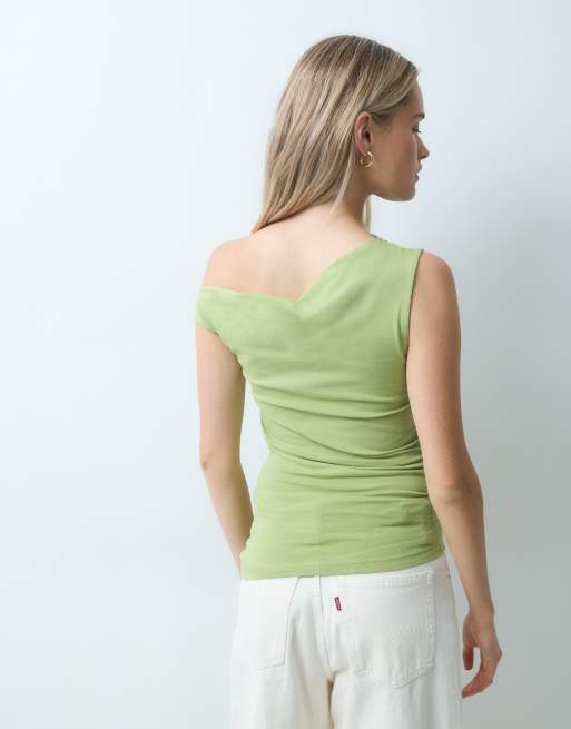 JJXX asymmetric shoulder top with button detail in avocado green, 2 of 4