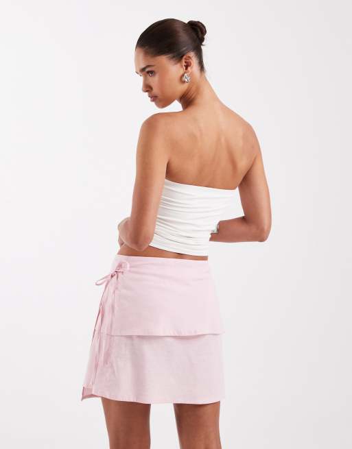 JJXX - Asymmetrische mini rok van linnenmix met gestrikte taille in roze, 4 van 5