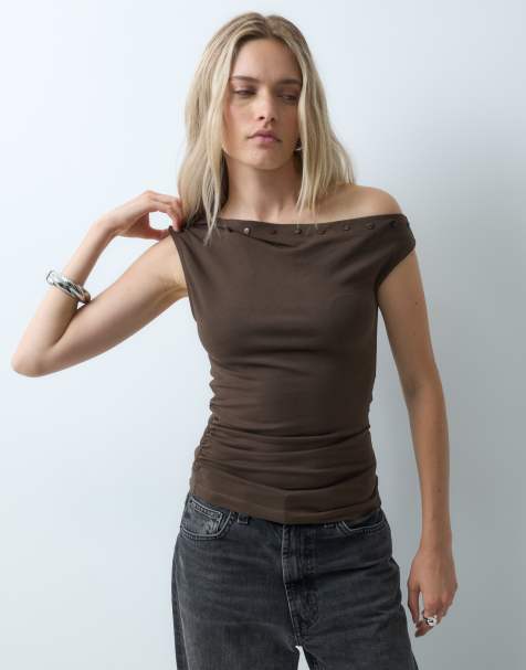 JJXX asymmetrische schoudertop in chocoladebruin - view 1