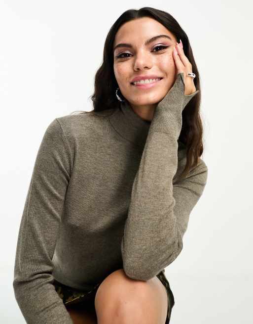 JJXX Ava lightweight soft knit roll neck sweater in brown