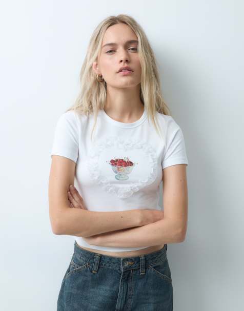 JJXX baby tee con patch a volant a cuore e stampa ciliegie bianco - view 1