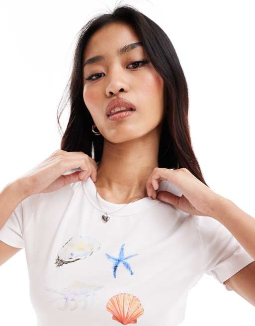 JJXX baby tee with shells print in white, 3 of 4